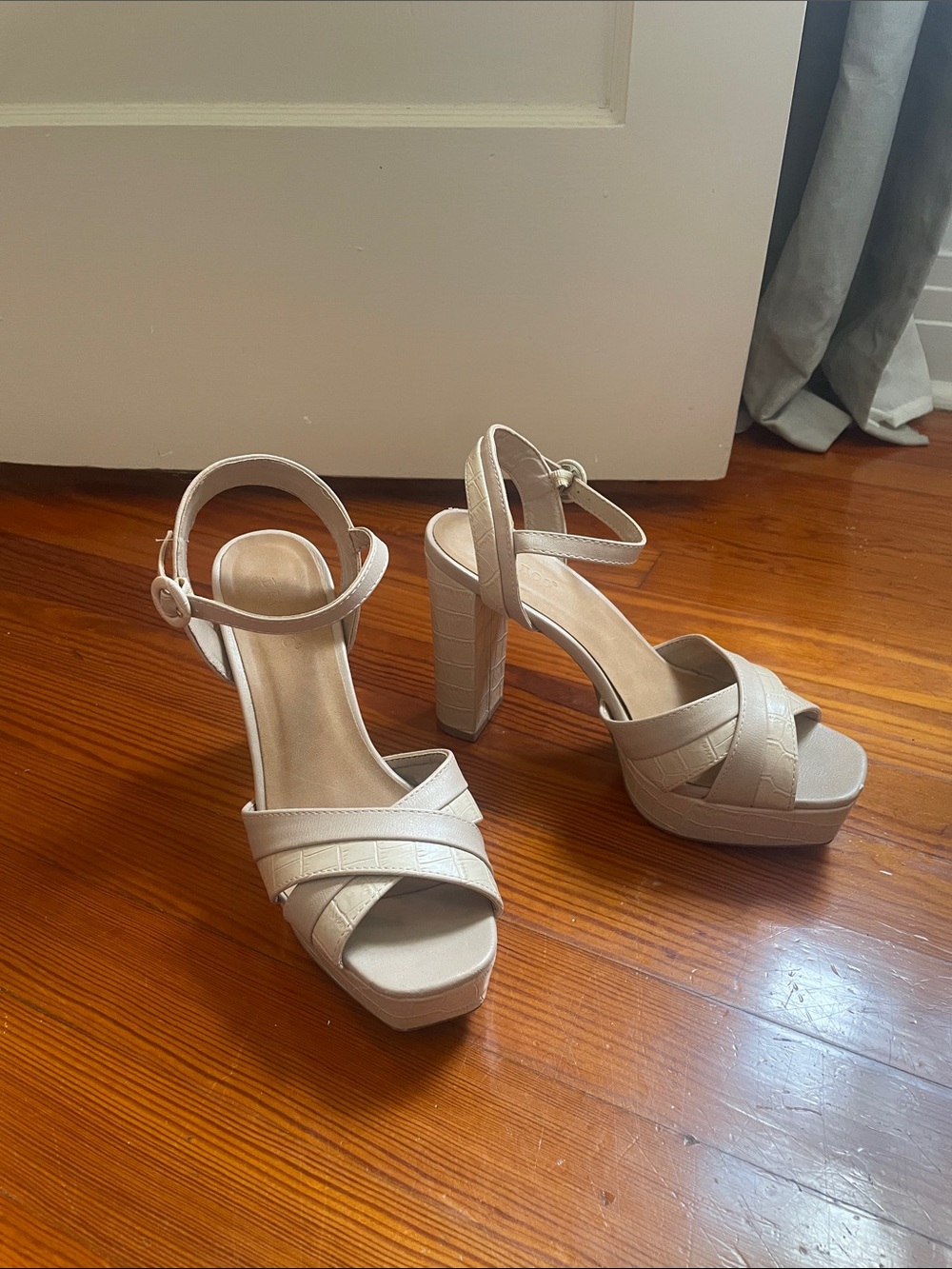 BAMBOO Cream Platform Block Heel Sandals with Ankle Strap
